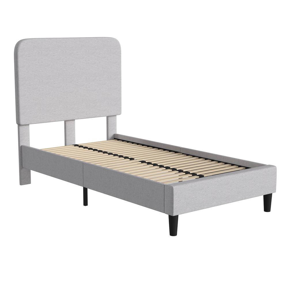 Light Grey Twin Fabric Upholstered Platform Bed - Headboard with Rounded Edges
