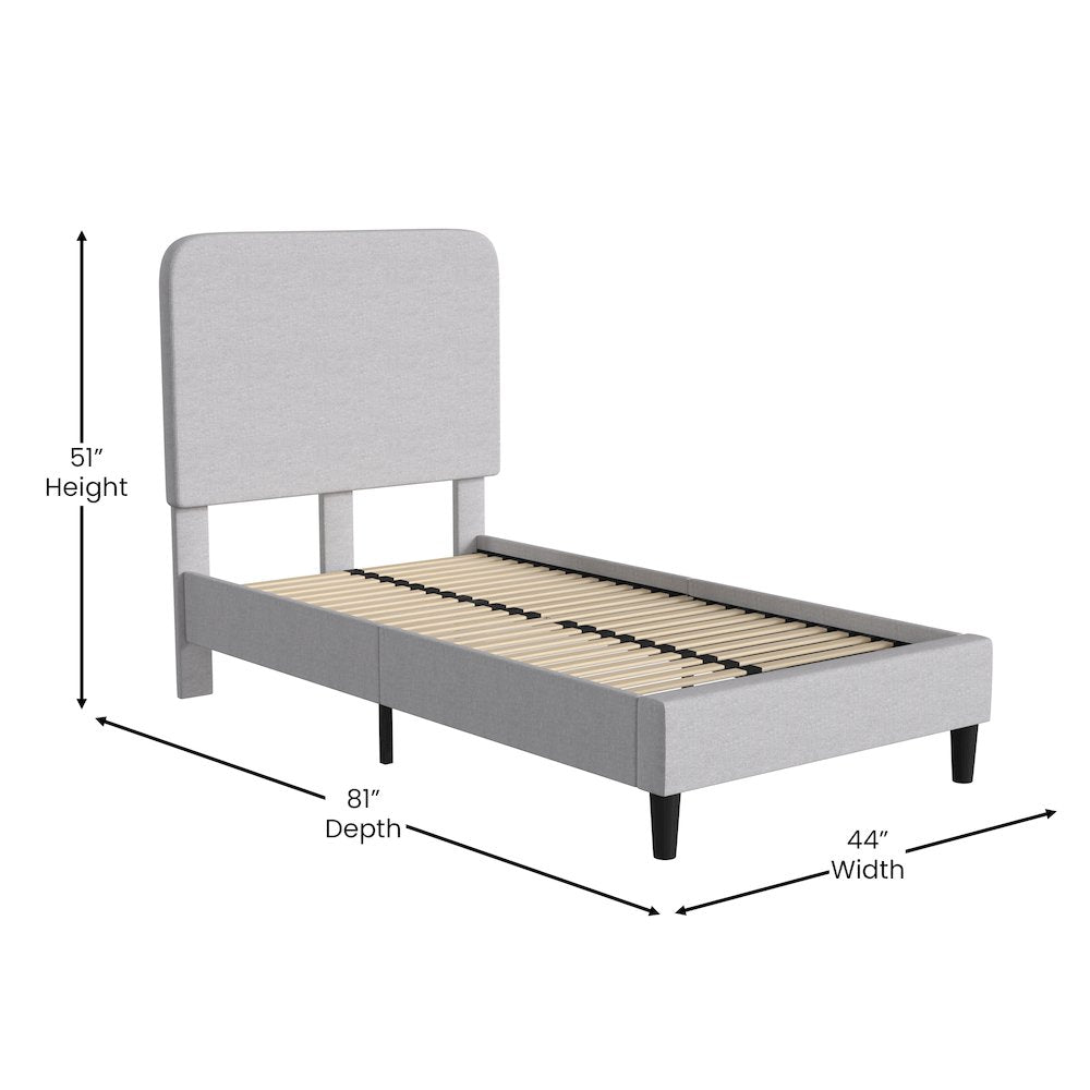 Light Grey Twin Fabric Upholstered Platform Bed - Headboard with Rounded Edges