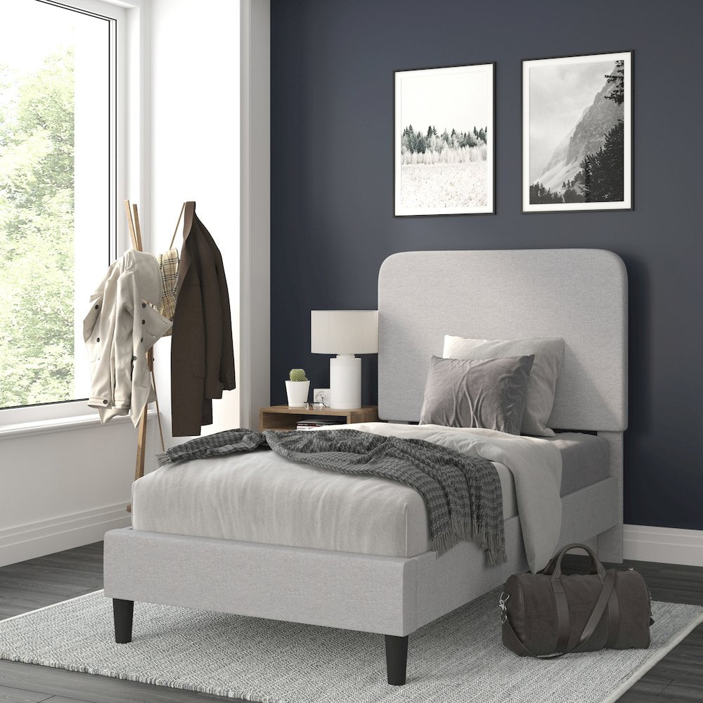 Light Grey Twin Fabric Upholstered Platform Bed - Headboard with Rounded Edges