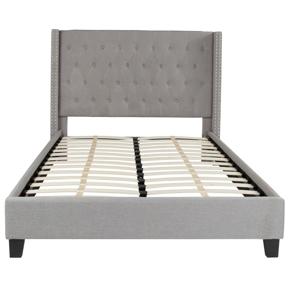 Sanji Aurora Full Size Upholstered Platform Bed in Beige Fabric – Tufted Headboard, Slatted Base