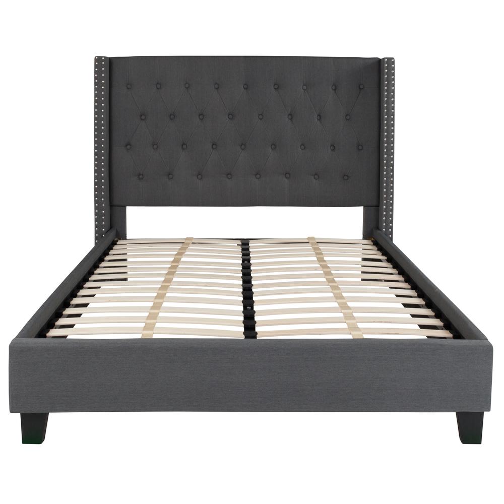 Sanji Aurora Full Size Upholstered Platform Bed in Beige Fabric Tufted Headboard, Slatted Base