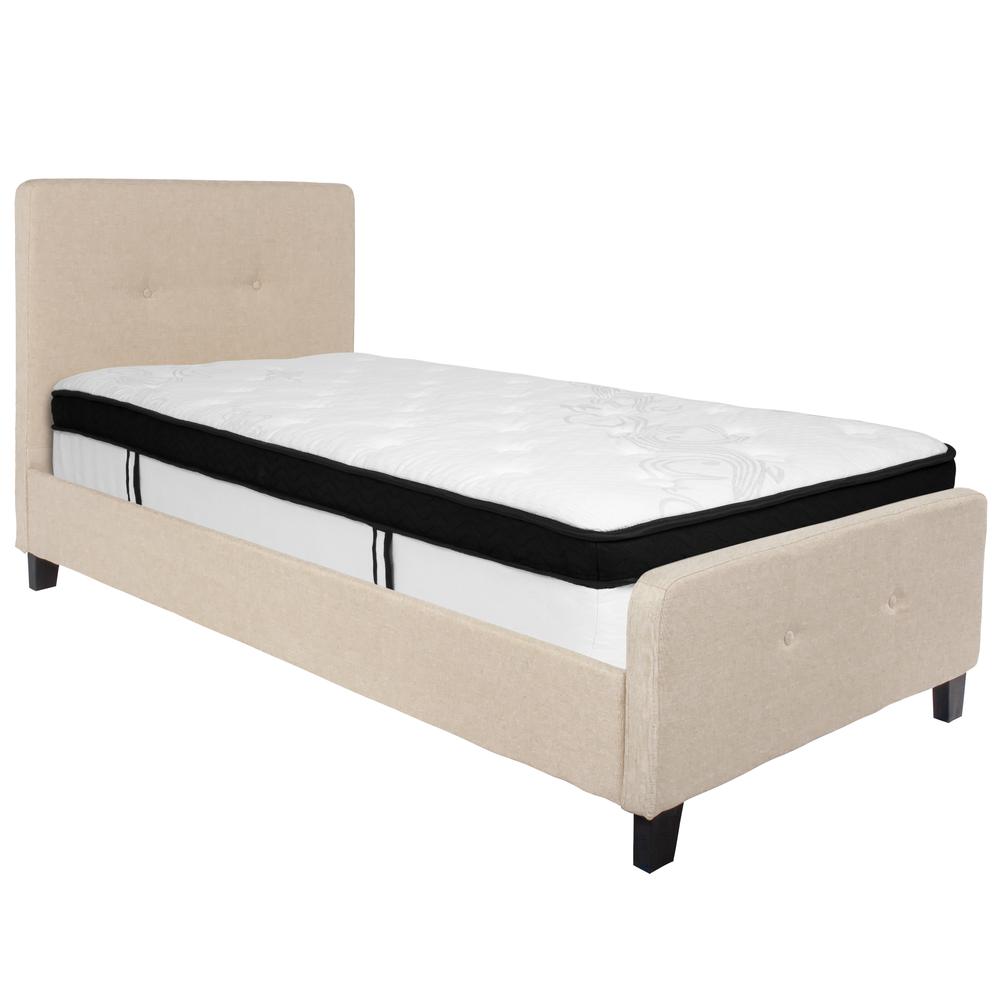 Keri Twin Size Platform Bed in Beige Fabric with Memory Foam Mattress