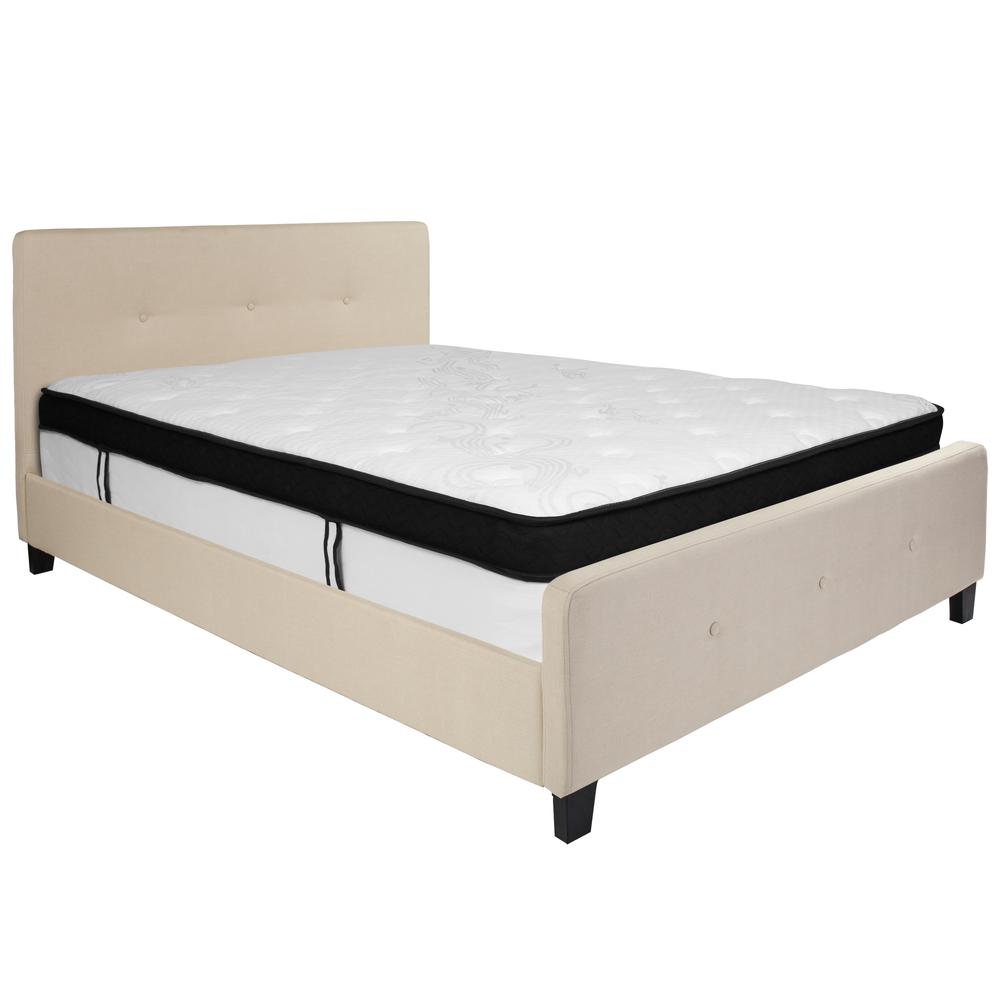 Keri Queen Size Platform Bed in Beige Fabric with Memory Foam Mattress