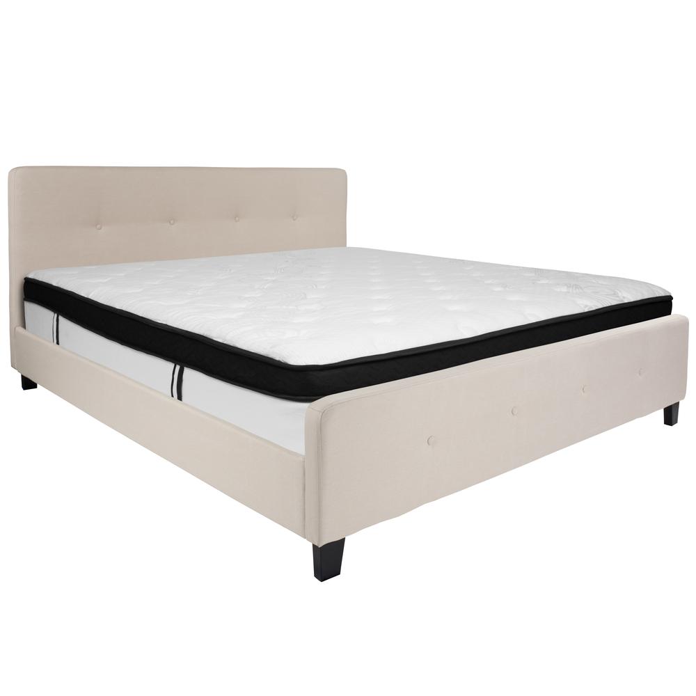 Keri King Size Platform Bed in Beige Fabric with Memory Foam Mattress