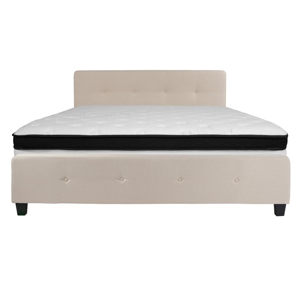 Keri King Size Platform Bed in Beige Fabric with Memory Foam Mattress