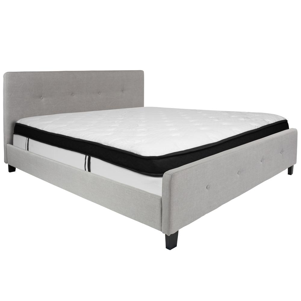 Keri King Size Platform Bed in Beige Fabric with Memory Foam Mattress