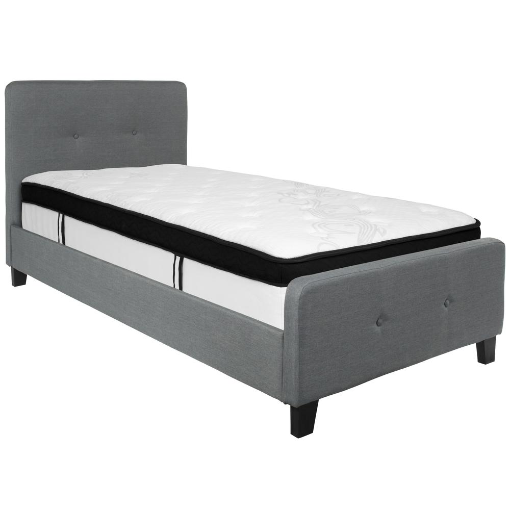 Keri Twin Size Platform Bed in Beige Fabric with Memory Foam Mattress