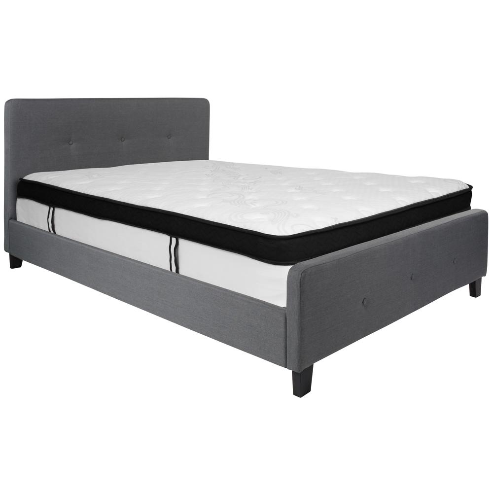 Keri Queen Size Platform Bed in Beige Fabric with Memory Foam Mattress