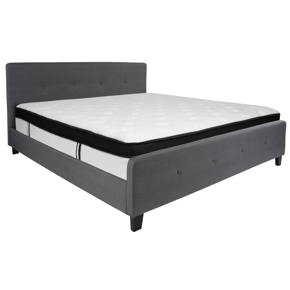 Keri King Size Platform Bed in Beige Fabric with Memory Foam Mattress