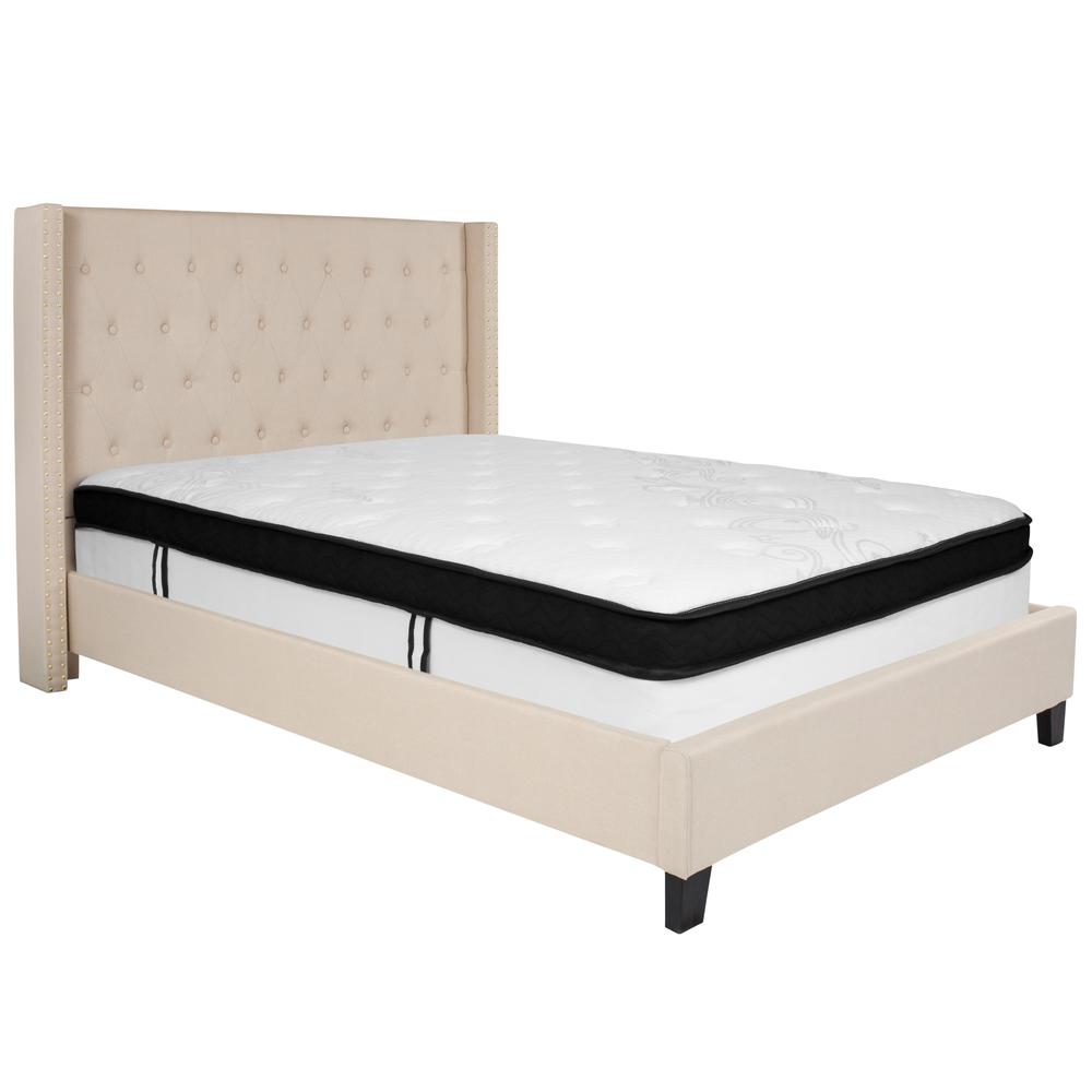 Yuki Barbara Full Size Platform Bed in Beige Fabric with Memory Foam Mattress