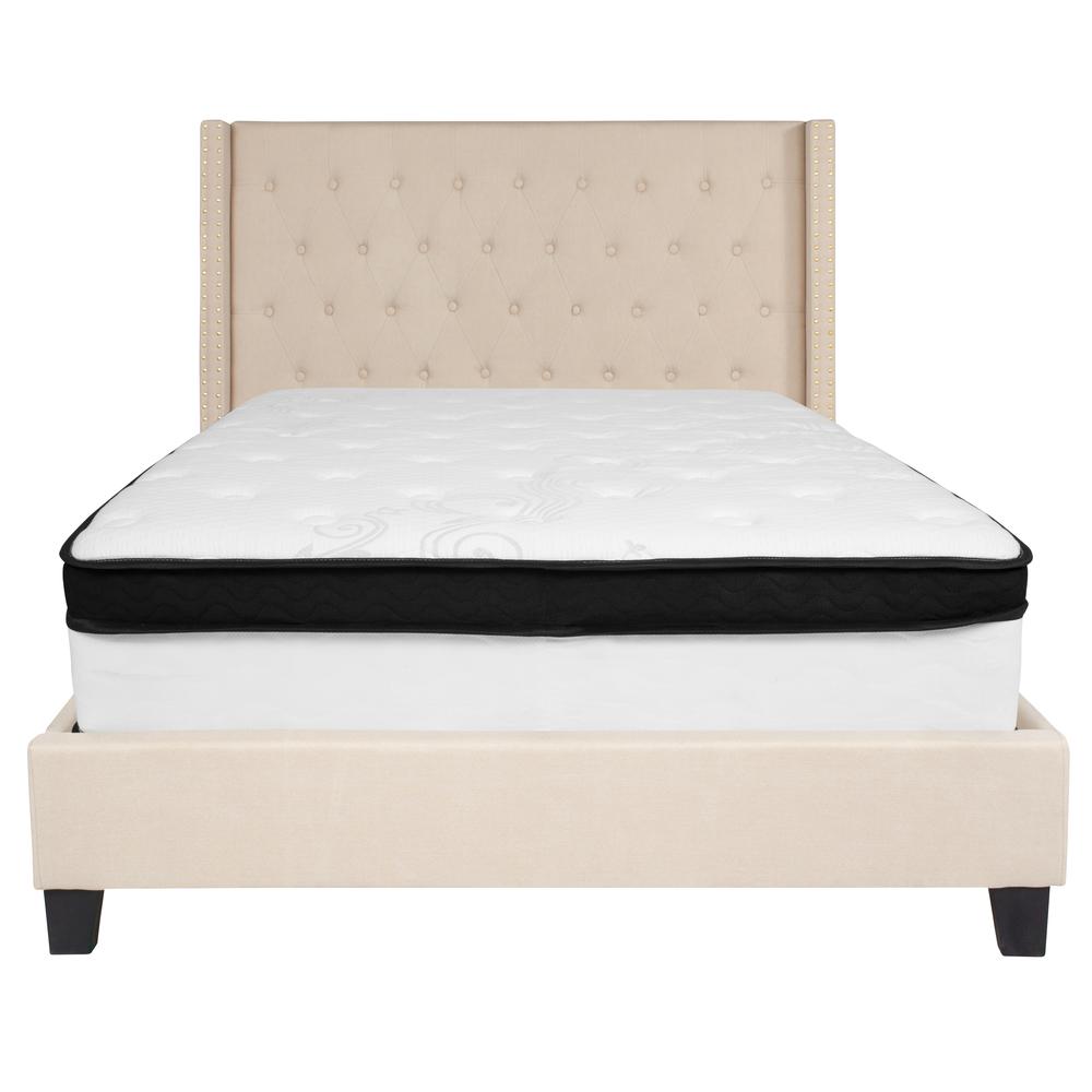 Yuki Barbara Full Size Platform Bed in Beige Fabric with Memory Foam Mattress