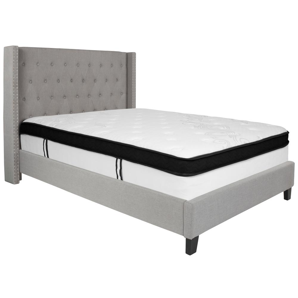 Yuki Barbara Full Size Platform Bed in Beige Fabric with Memory Foam Mattress