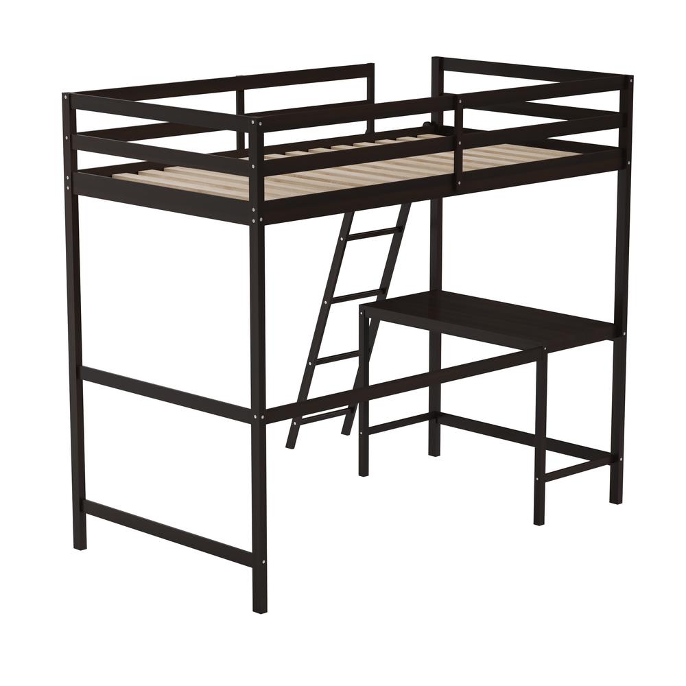 Loft Bed Frame with Desk, Twin Size with Protective Guard Rails - Espresso