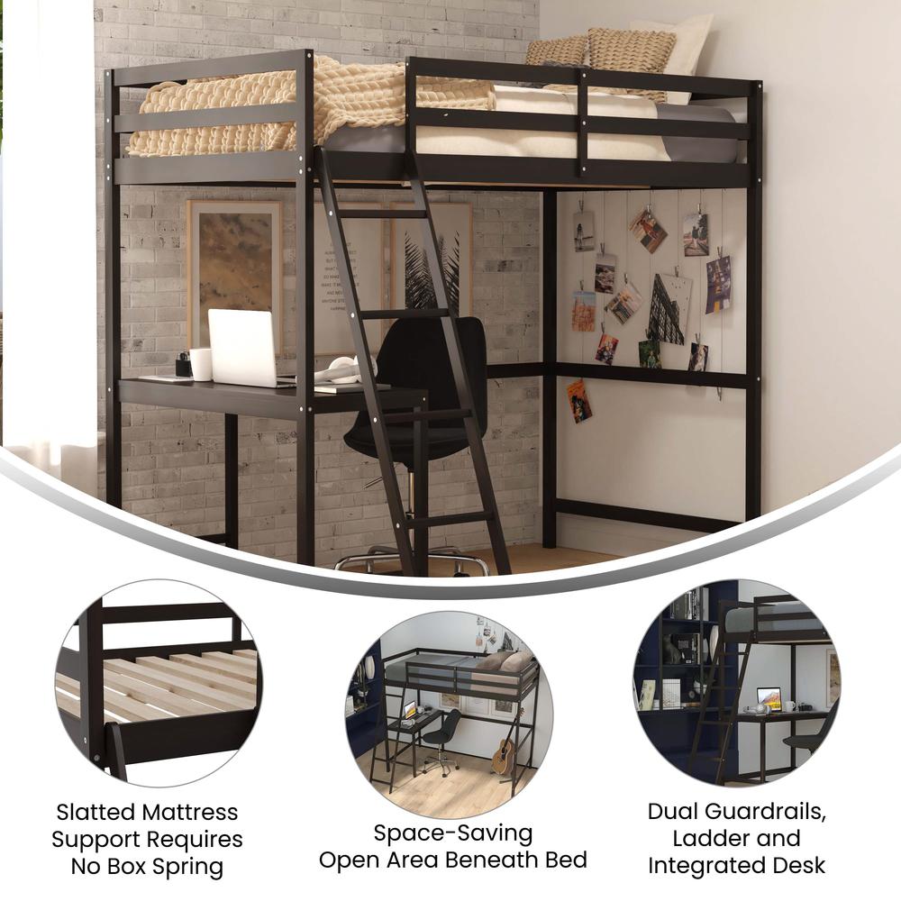 Loft Bed Frame with Desk, Twin Size with Protective Guard Rails - Espresso