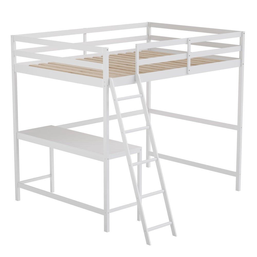 Riley Loft Bed Frame with Desk, Full Size Wooden Bed Frame