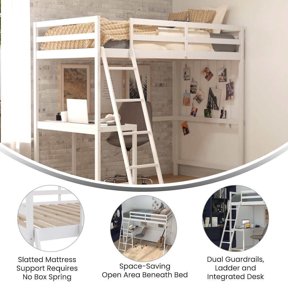 Riley Loft Bed Frame with Desk, Twin Size Wooden Bed Frame