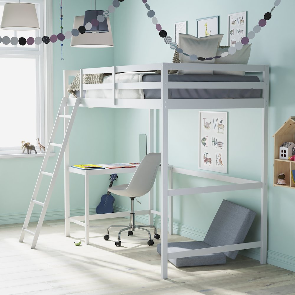 Riley Loft Bed Frame with Desk, Twin Size Wooden Bed Frame