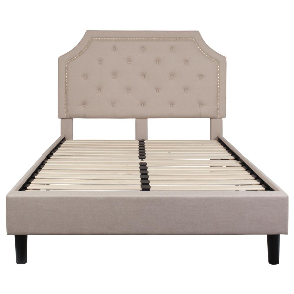 Hiten Elsa Full Size Beige Upholstered Platform Bed – Tufted Headboard, Modern Style