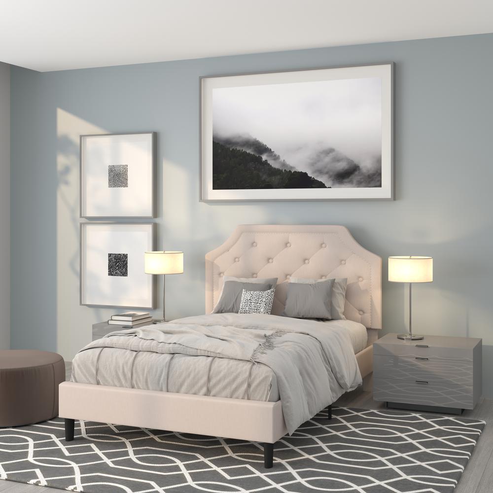 Hiten Elsa Full Size Beige Upholstered Platform Bed – Tufted Headboard, Modern Style