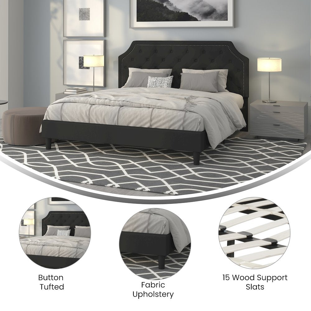 Marlin Elsa King Size Tufted Platform Bed in Black Upholstered Headboard, No Box Spring Needed