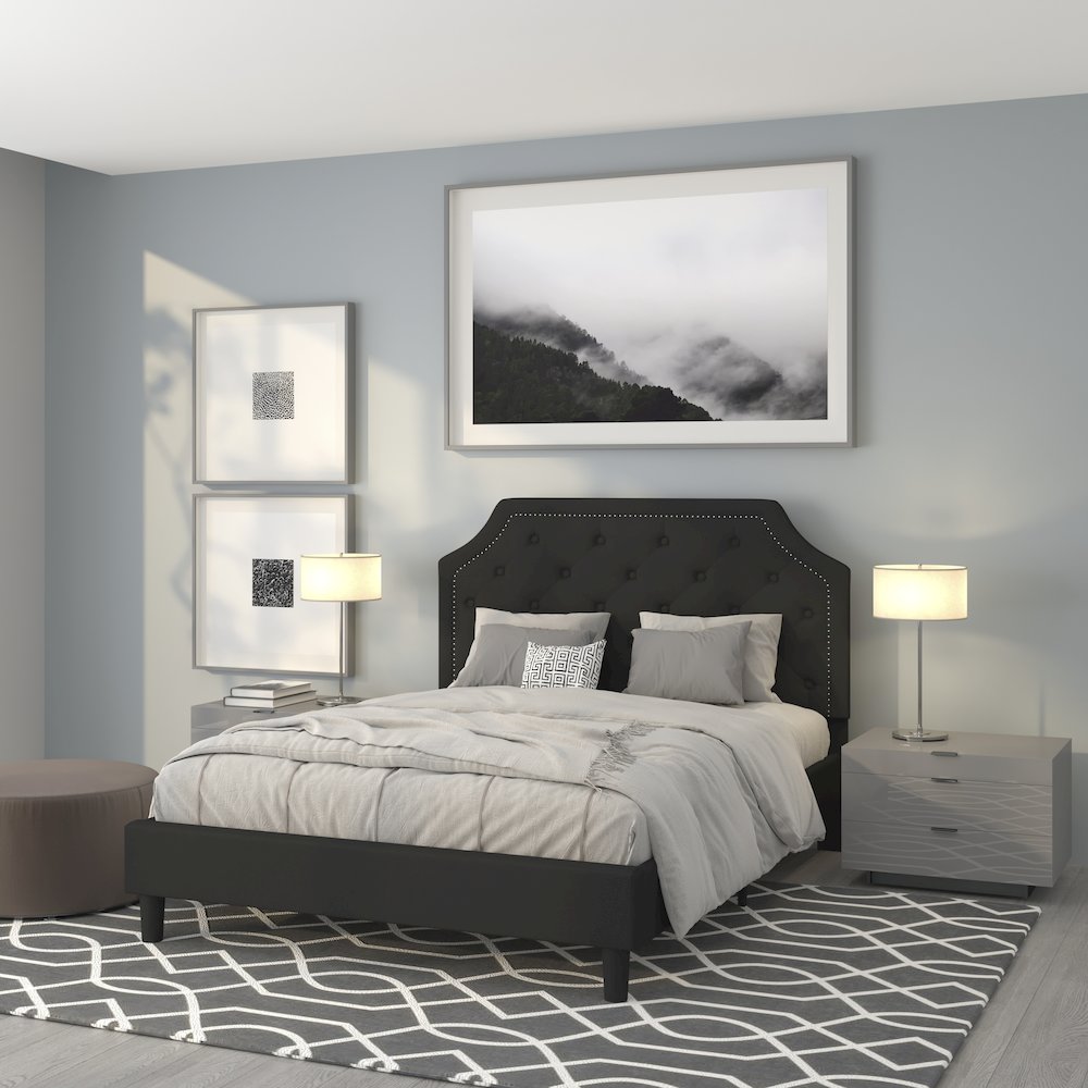 Brighton Queen Size Tufted Upholstered Platform Bed in Black Fabric
