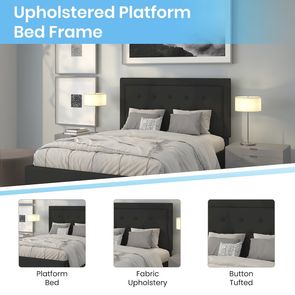 Roxbury Queen Size Tufted Upholstered Platform Bed in Black Fabric