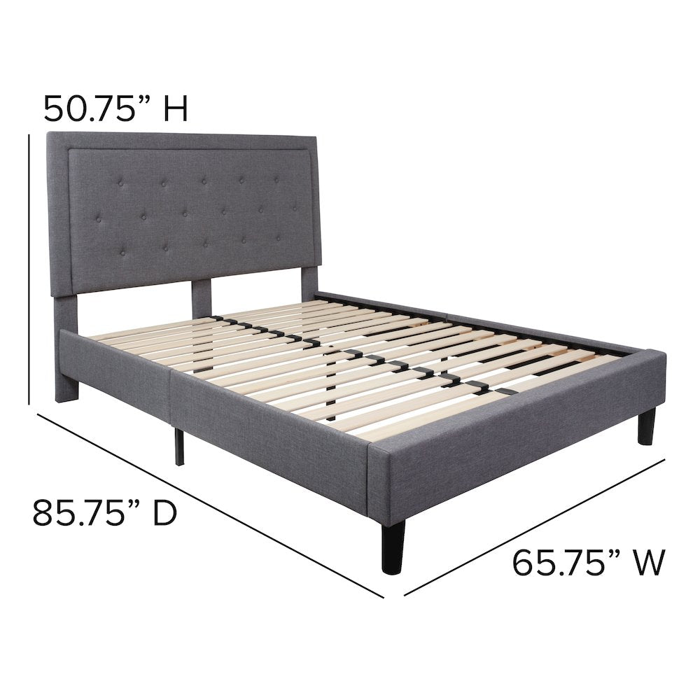 Roxbury Queen Size Tufted Upholstered Platform Bed in Light Gray Fabric