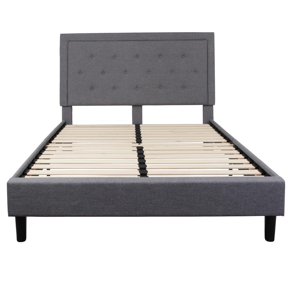 Marcy Queen Size Platform Bed Frame in Dark Grey Fabric with Headboard