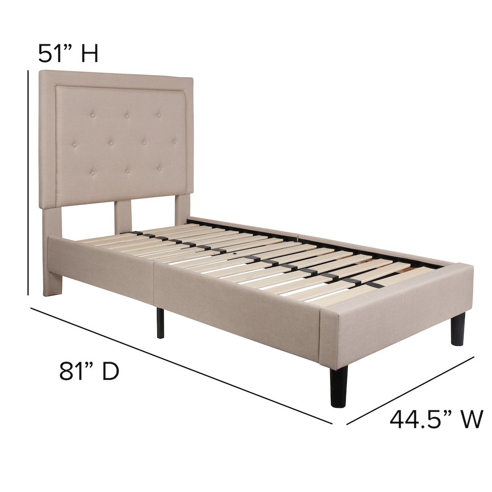 Roxbury Twin Size Tufted Upholstered Platform Bed in Beige Fabric