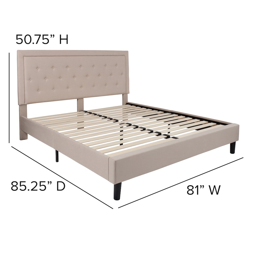Roxbury King Size Tufted Upholstered Platform Bed in Beige Fabric with 10 Inch CertiPUR-US Certified Pocket Spring Mattress