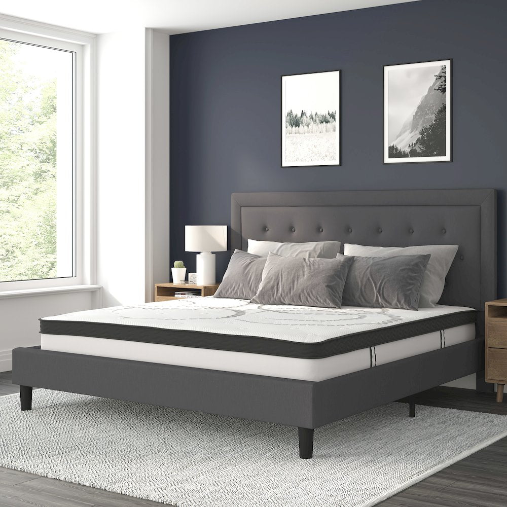 Roxbury King Size Tufted Upholstered Platform Bed in Dark Gray Fabric with 10 Inch CertiPUR-US Certified Pocket Spring Mattress