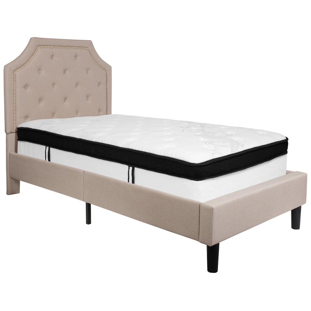 Kya Charlene Twin Beige Fabric Platform Bed – Modern Upholstered Frame with Memory Foam Mattress