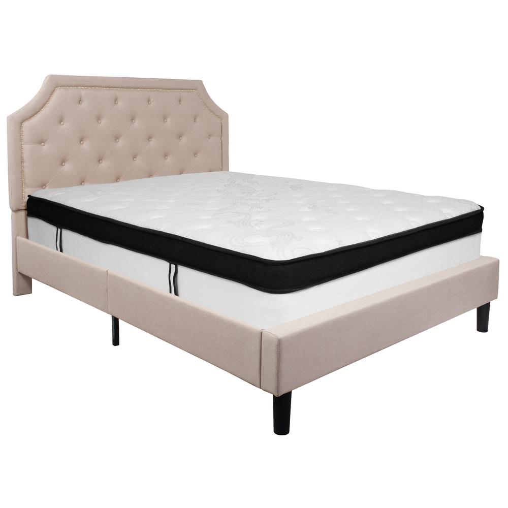 Elly Charlene Collection Queen Size Beige Bed – Fabric Upholstered Platform with Mattress Included
