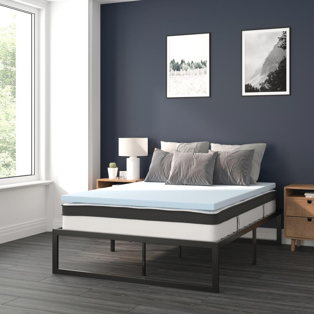 Basilio Glacier Collection Full Metal Platform Bed Frame with 2-Inch Gel Memory Foam Topper – Noise-Free, Supportive Sleep