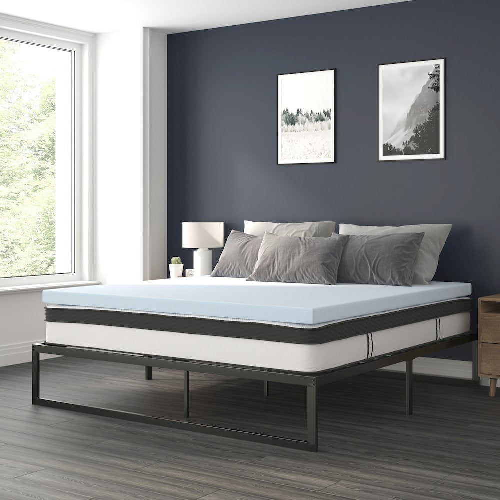 Giselle GlacierRest King Black Metal Platform Bed 14" Frame & 2" Cool Gel Memory Foam Topper