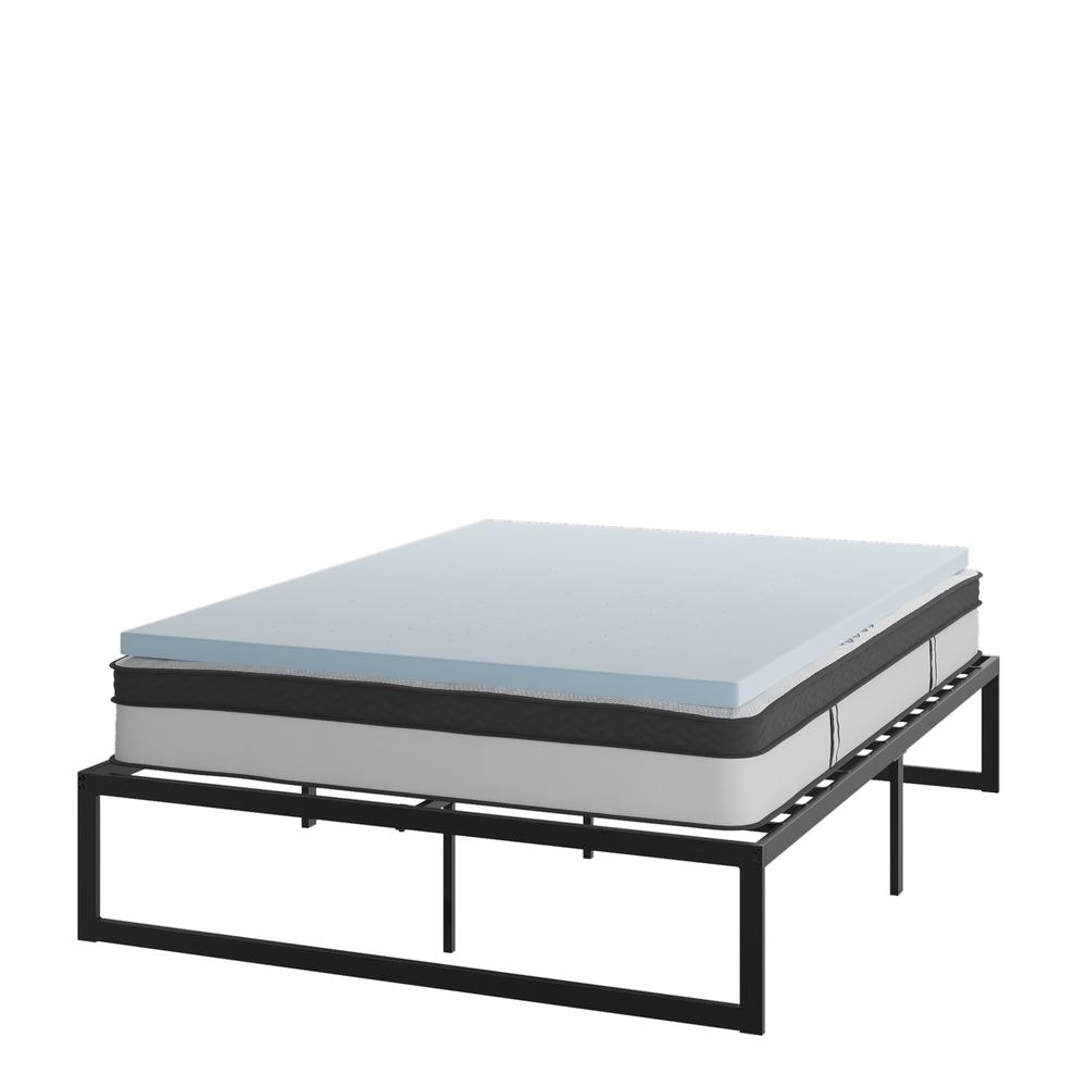 Emirah Glacier Queen Size Platform Bed Frame with Gel Foam Topper – 14" Metal Base, No Box Spring Needed