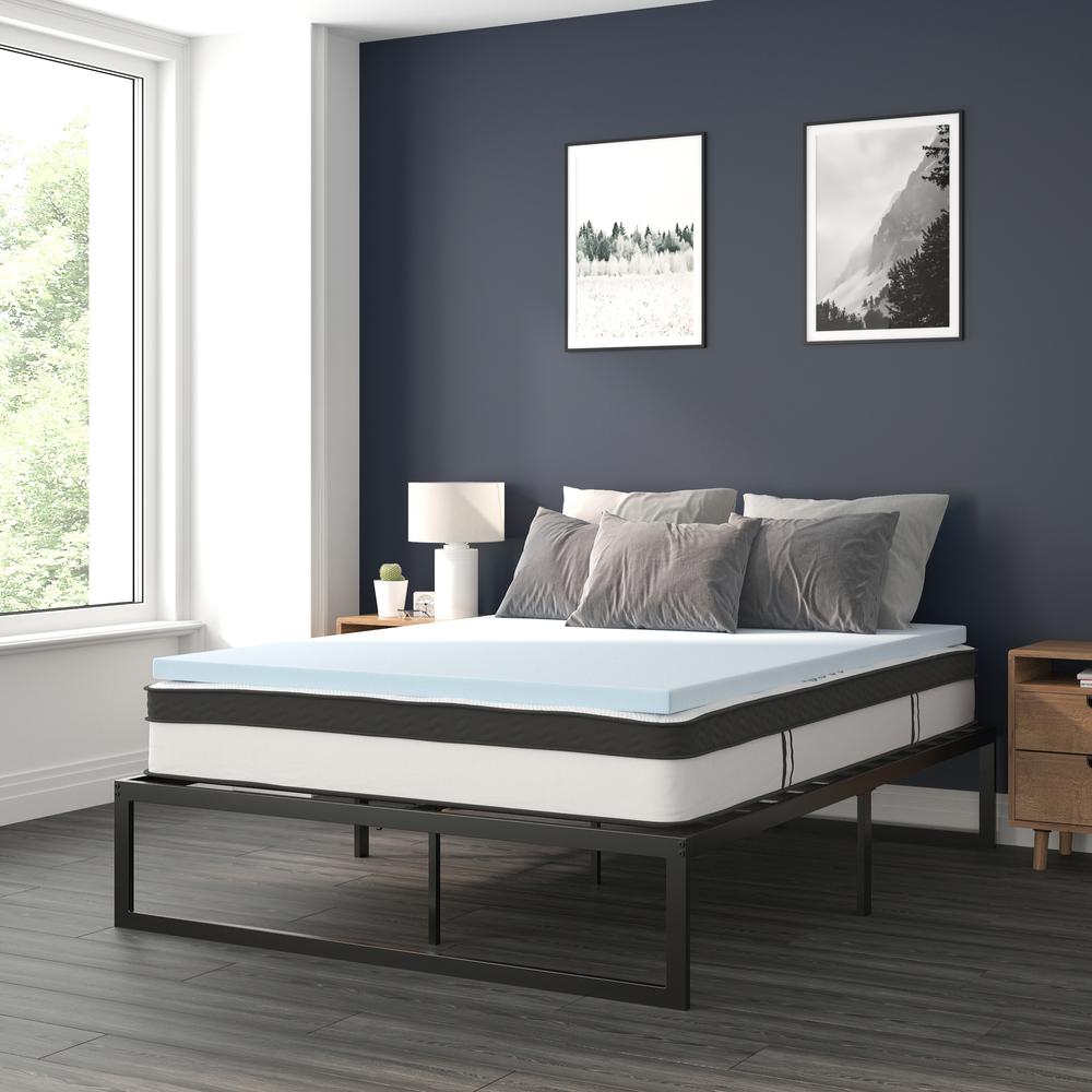 Emirah Glacier Queen Size Platform Bed Frame with Gel Foam Topper – 14" Metal Base, No Box Spring Needed