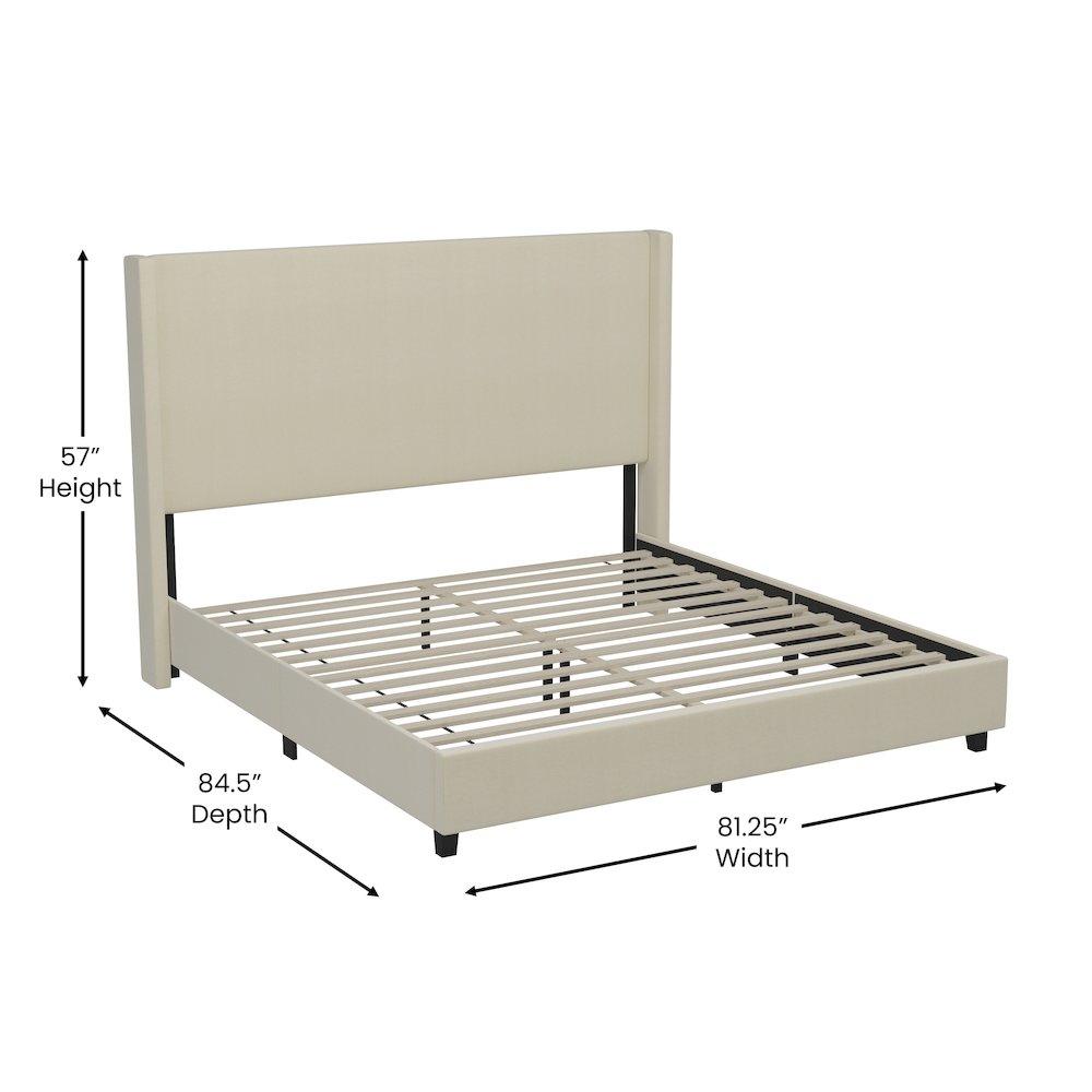 Sophia King Upholstered Platform Bed with Channel Stitched Wingback Headboard, Beige