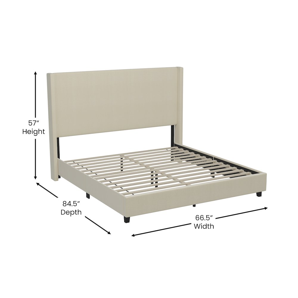 Sophia Queen Upholstered Platform Bed with Channel Stitched Wingback Headboard, Beige