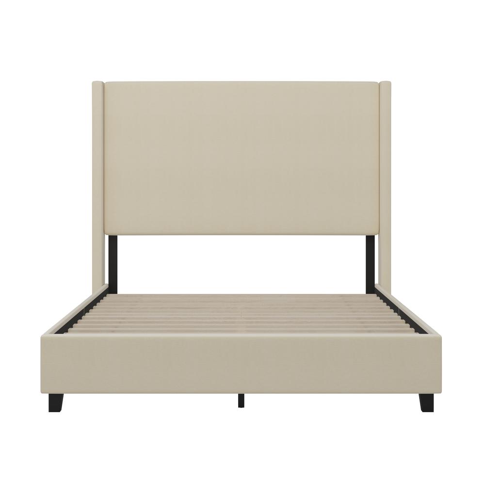 Sophia Queen Upholstered Platform Bed with Channel Stitched Wingback Headboard, Beige