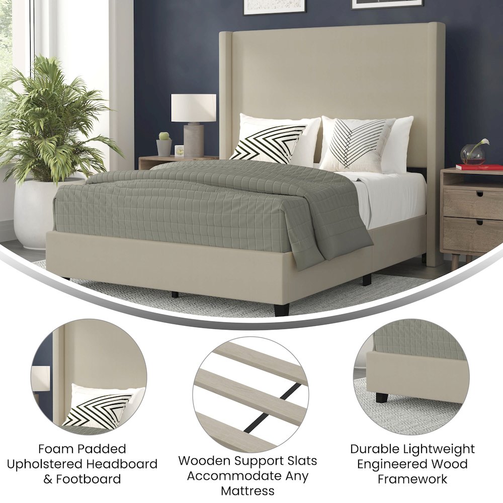 Sophia Queen Upholstered Platform Bed with Channel Stitched Wingback Headboard, Beige
