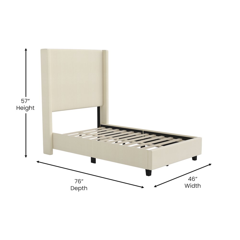 Sophia Twin Upholstered Platform Bed with Channel Stitched Wingback Headboard, Beige