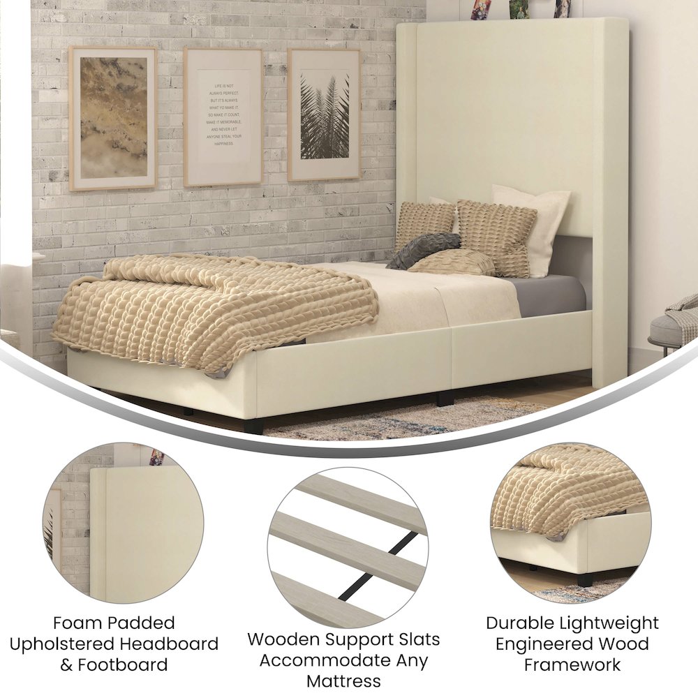 Sophia Twin Upholstered Platform Bed with Channel Stitched Wingback Headboard, Beige