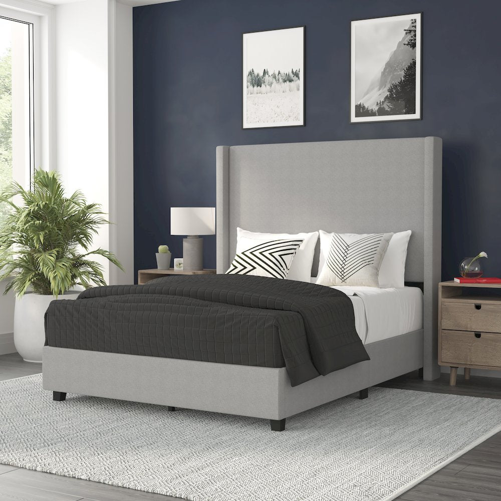Mayra Full Upholstered Platform Bed with Channel Stitched Wingback Headboard, Grey