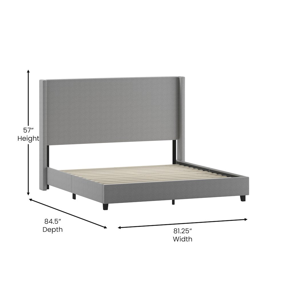 Mayra King Upholstered Platform Bed with Channel Stitched Wingback Headboard, Grey