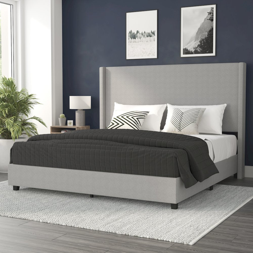 Mayra King Upholstered Platform Bed with Channel Stitched Wingback Headboard, Grey