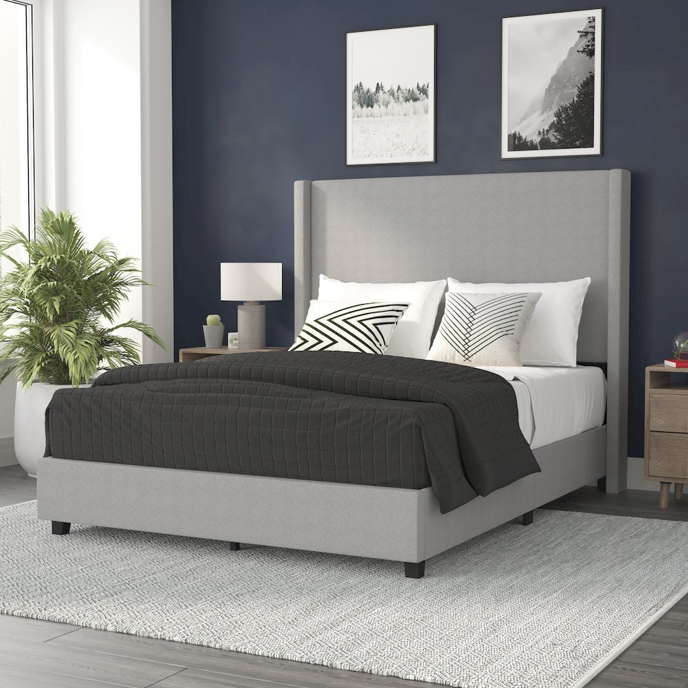 Mayra Queen Upholstered Platform Bed with Channel Stitched Wingback Headboard, Grey