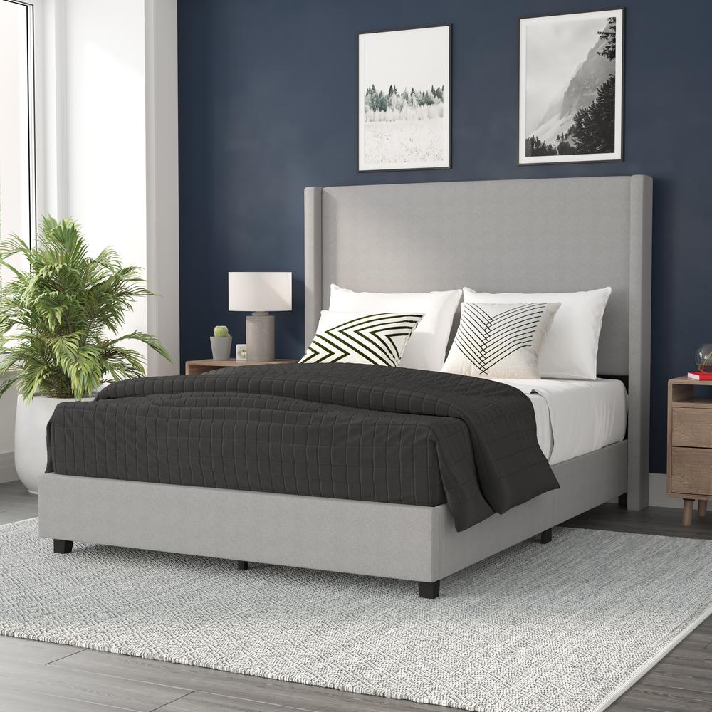 Mayra Queen Upholstered Platform Bed with Channel Stitched Wingback Headboard, Grey