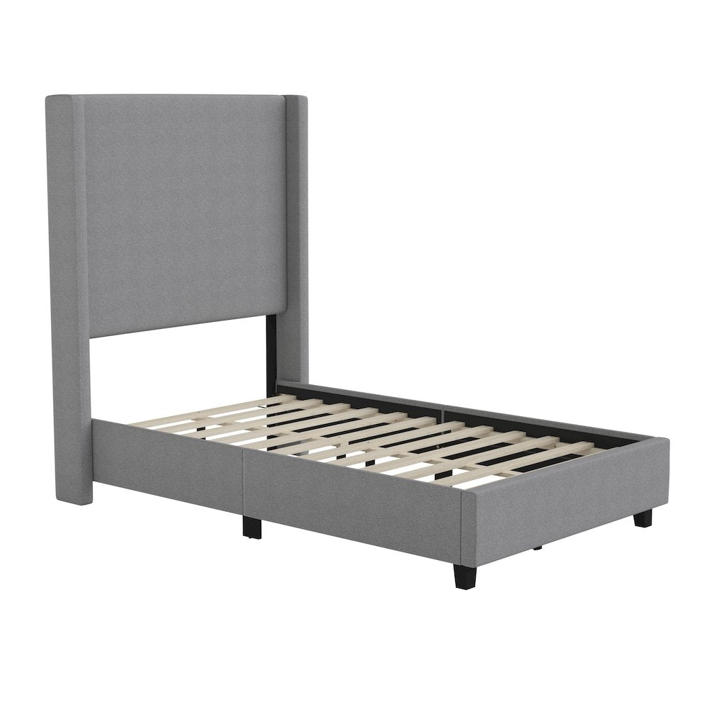 Mayra Twin Upholstered Platform Bed with Channel Stitched Wingback Headboard, Grey
