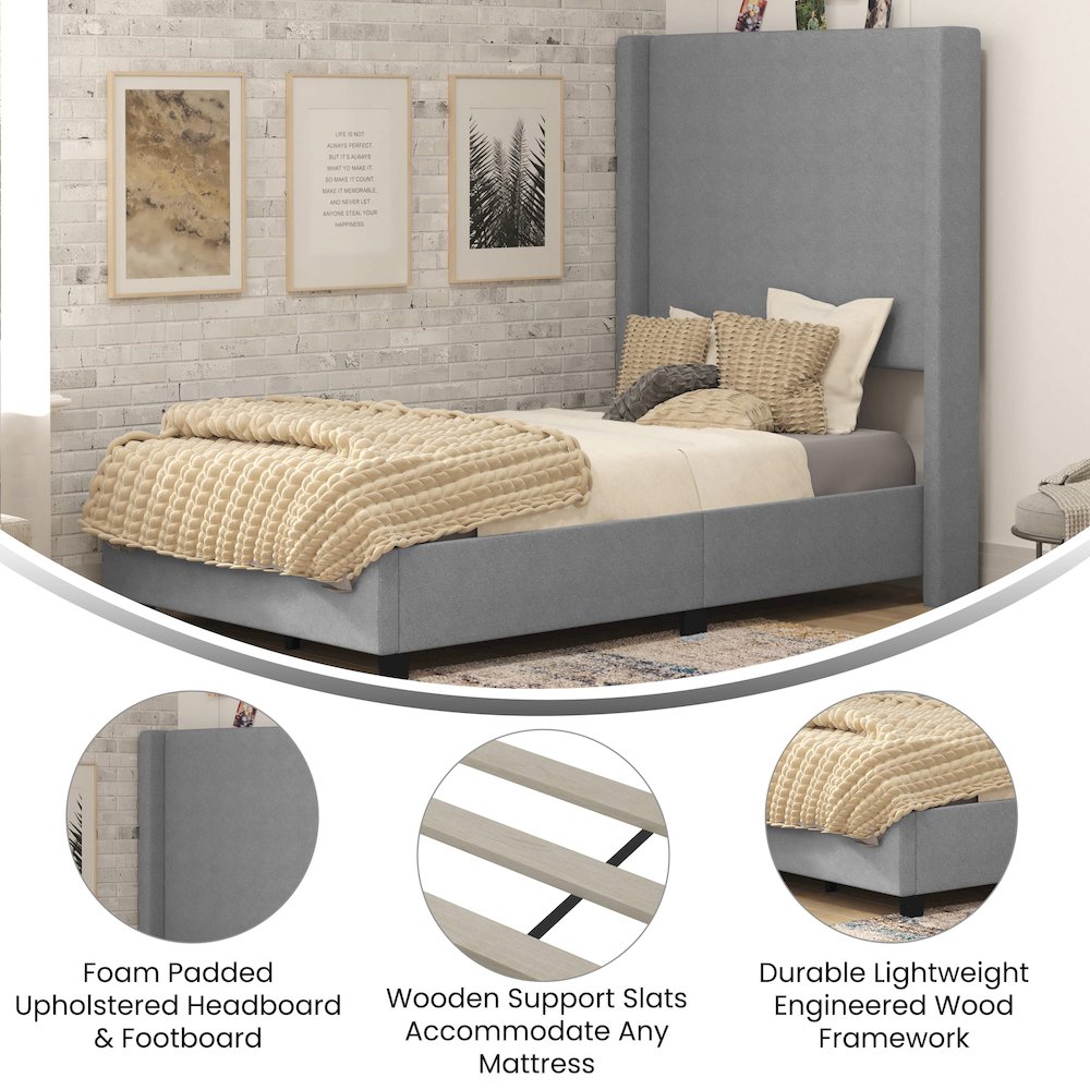Mayra Twin Upholstered Platform Bed with Channel Stitched Wingback Headboard, Grey
